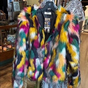 Vibrant Multicolor Rainbow Faux Fur Jacket | Colorful Plush Statement Coat | Fes